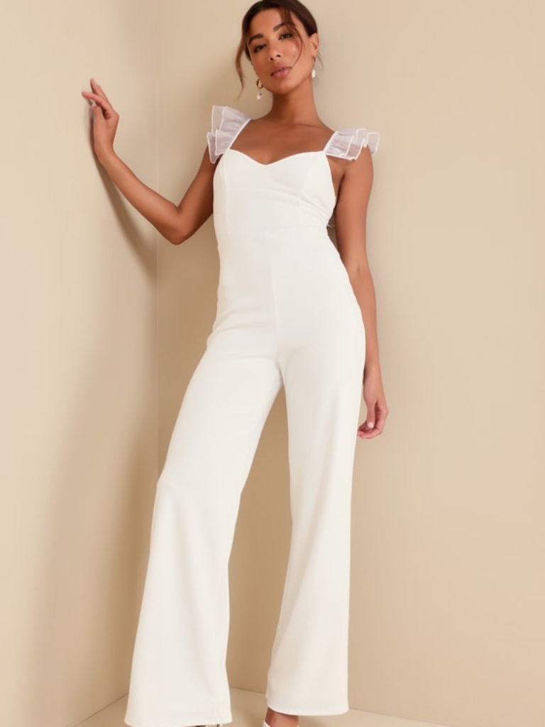 Lulus Luxe Position White Ruffled Wide-Leg Jumpsuit - Size L